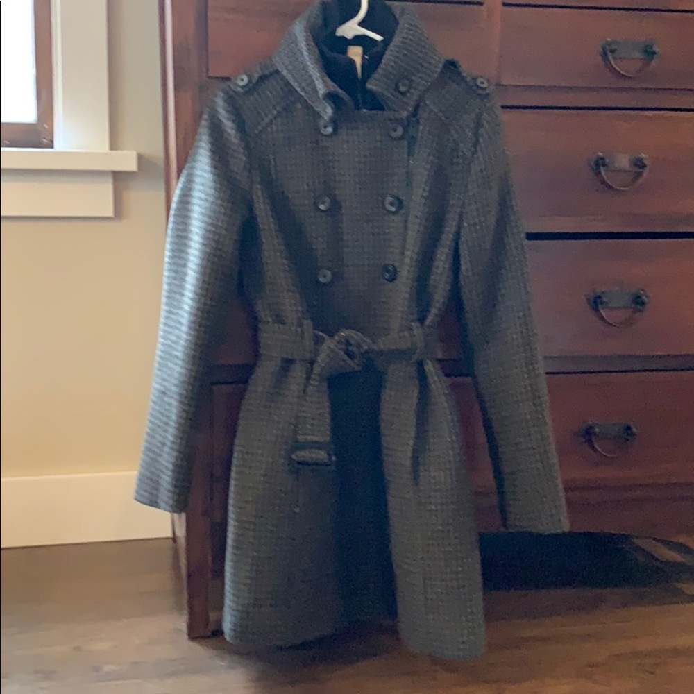 Belted arm green checker wool jacket